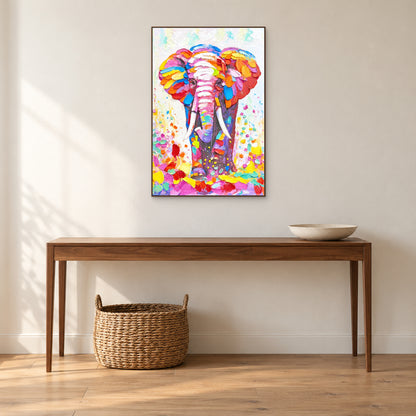 Elephant portrait in a walnut-tone frame above a console with a bowl and a woven basket below