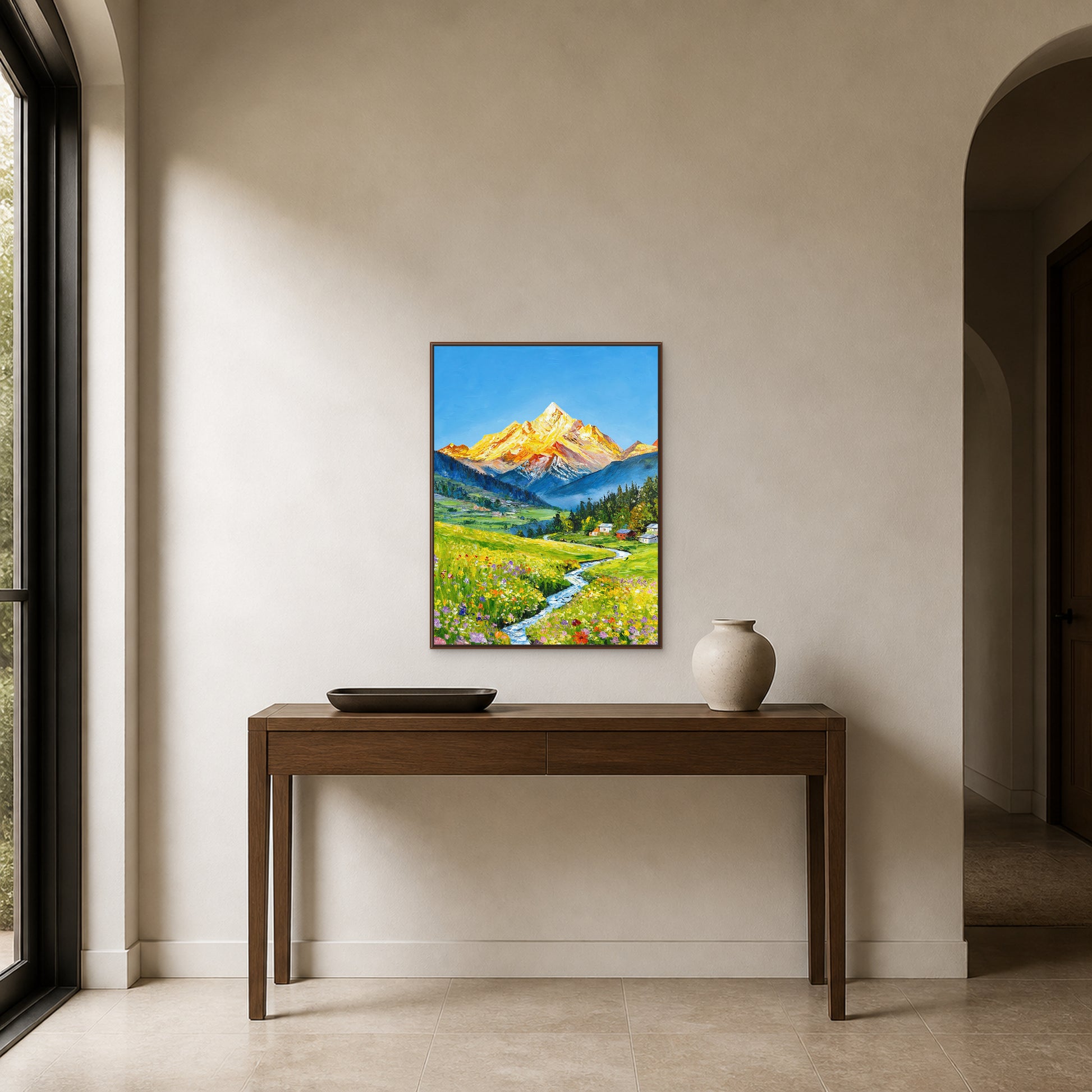 Spring Beneath the Golden Mountain in a slim walnut floating frame above a walnut entryway console