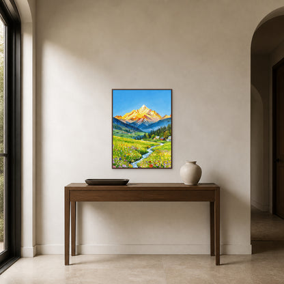 Spring Beneath the Golden Mountain in a slim walnut floating frame above a walnut entryway console