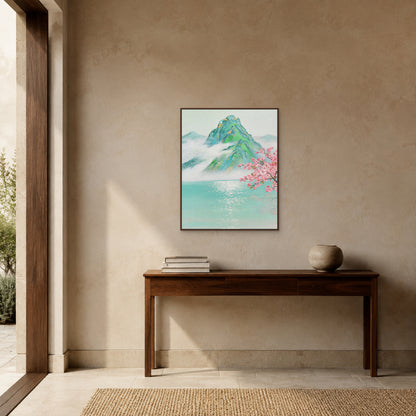 Peach blossom and turquoise lake painting in a slim walnut floating frame above an entryway console