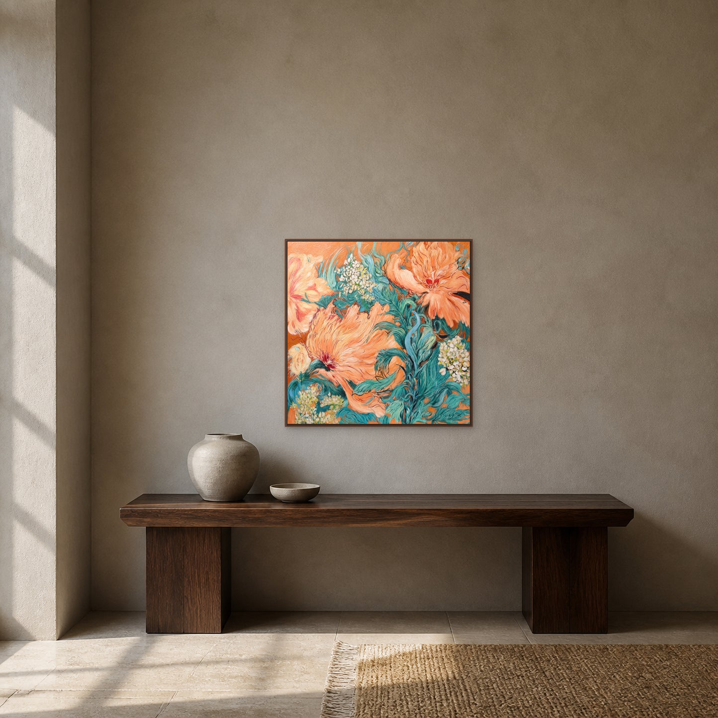 Coral Peony Garden in a slim walnut floating frame above a dark console on a clay-grey entryway wall