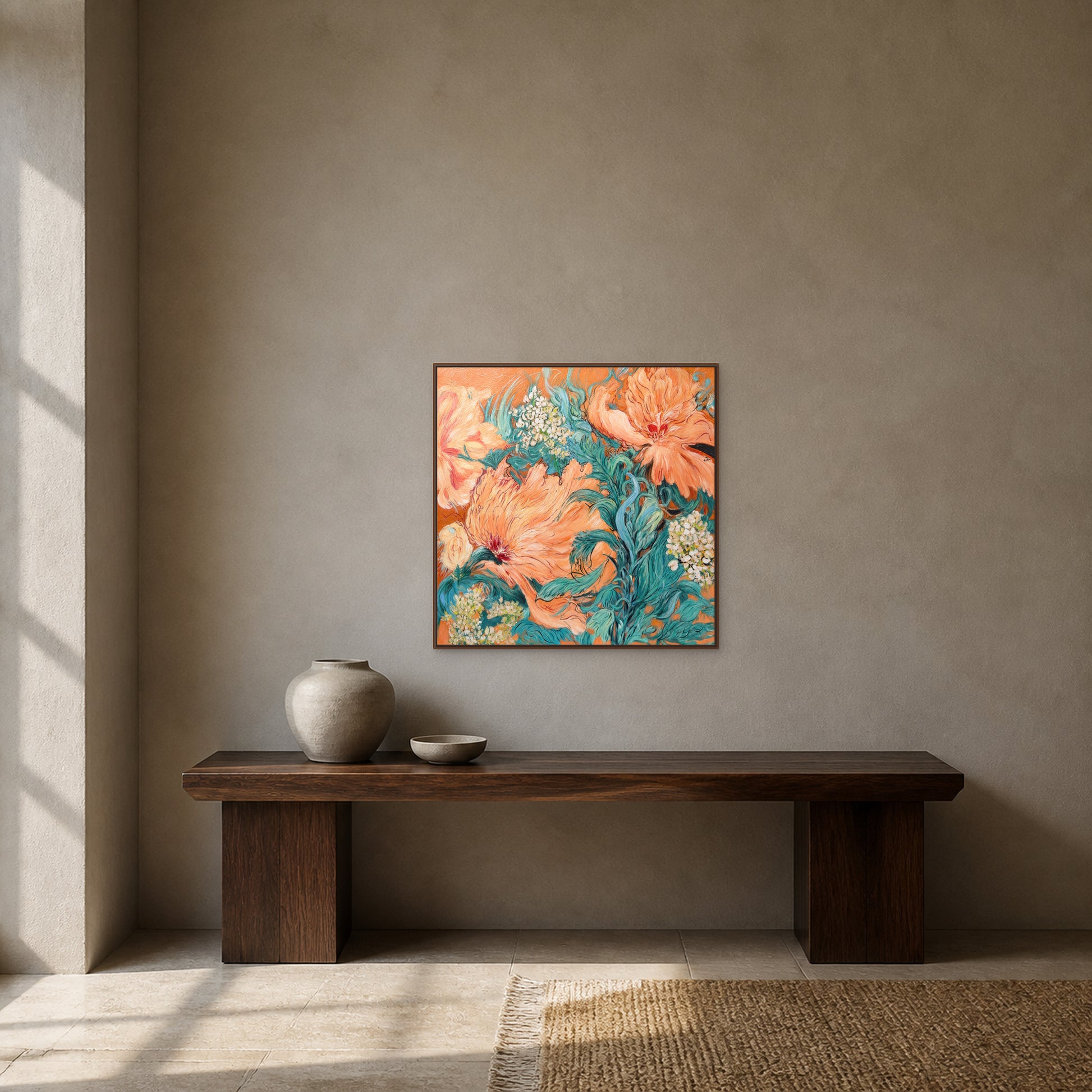 Coral Peony Garden in a slim walnut floating frame above a dark console on a clay-grey entryway wall