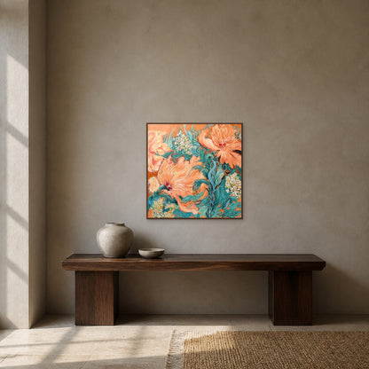 Coral Peony Garden in a slim walnut floating frame above a dark console on a clay-grey entryway wall