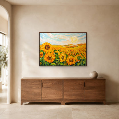 Sunflower field painting in a slim walnut floating frame above a low walnut entryway sideboard