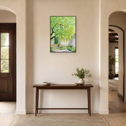 Spring Courtyard in a slim walnut floating frame above a wood entryway console