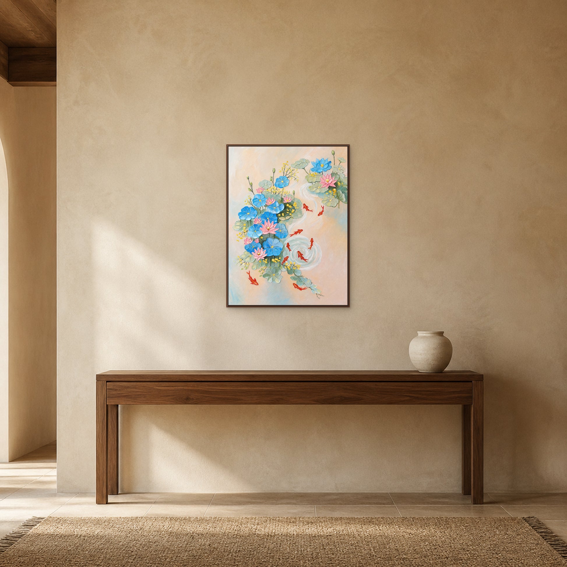 Nine Koi and Lotus in a slim walnut floating frame above a walnut console on a warm sand wall