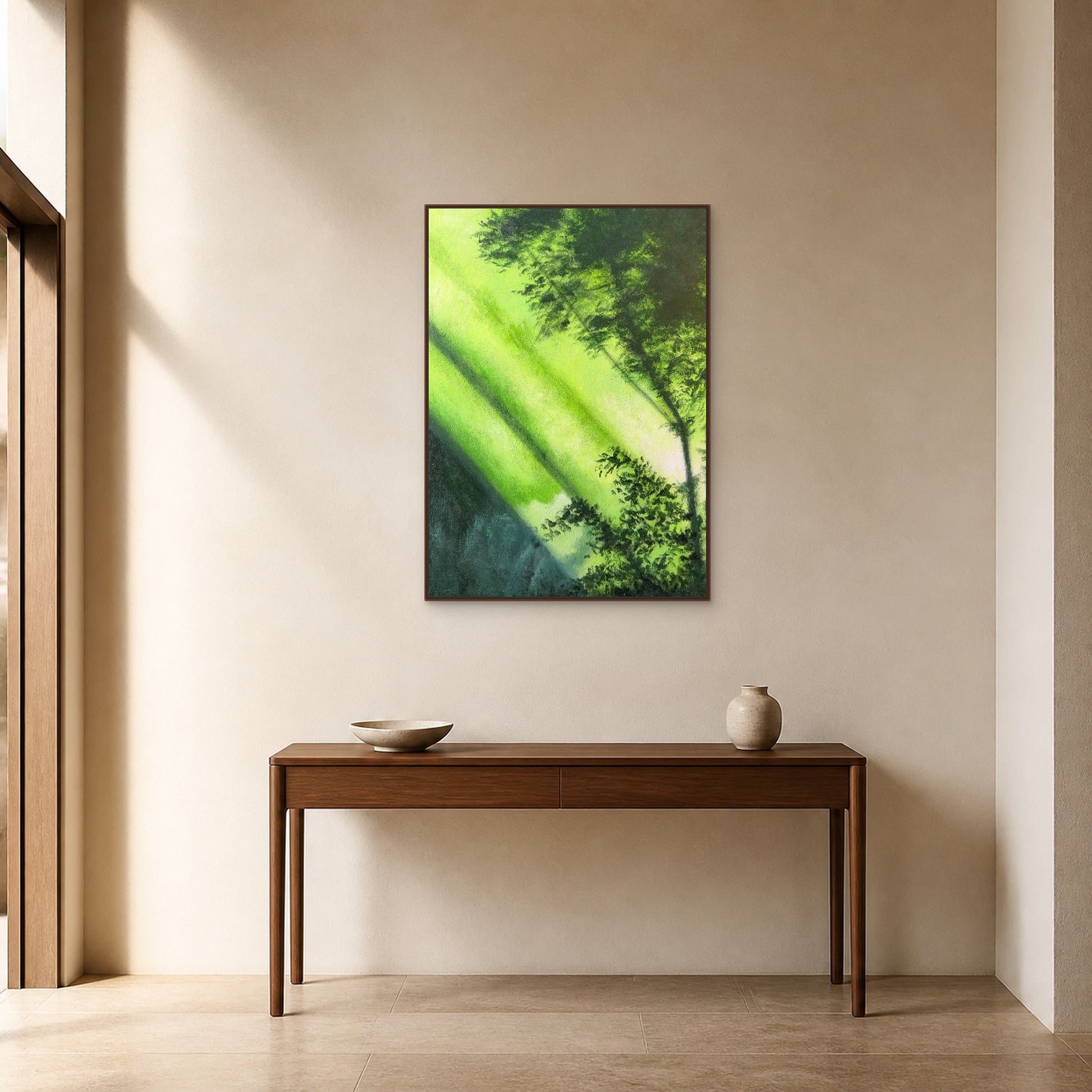 Forest Light in a slim walnut floating frame above a walnut entryway console