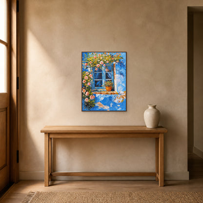 Blue Window in Bloom in a slim walnut floating frame above a warm entryway console
