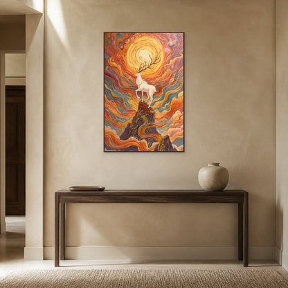 Warm gold and teal deer painting in a thin walnut floating frame above an entryway console