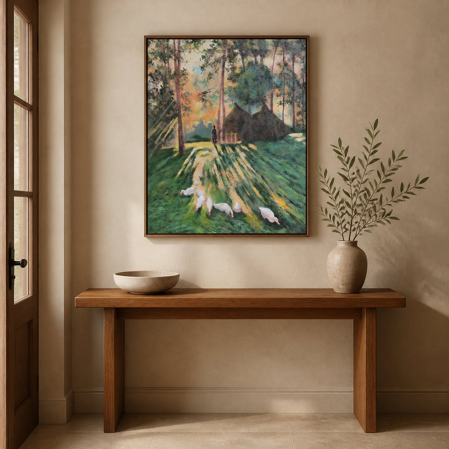 Woodland Morning in a slim walnut floating frame above a wood entryway console