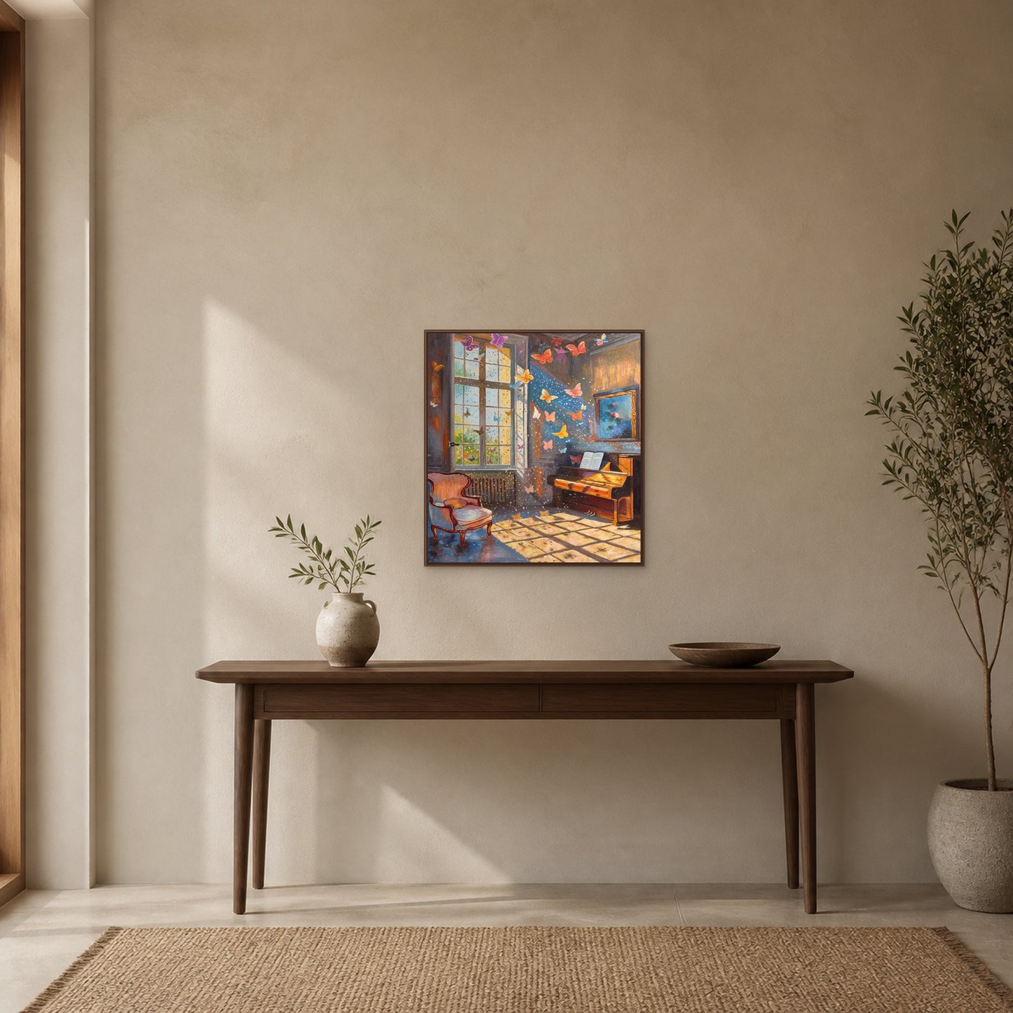 Butterflies in the Music Room in a slim walnut floating frame above a console in a warm stone entryway