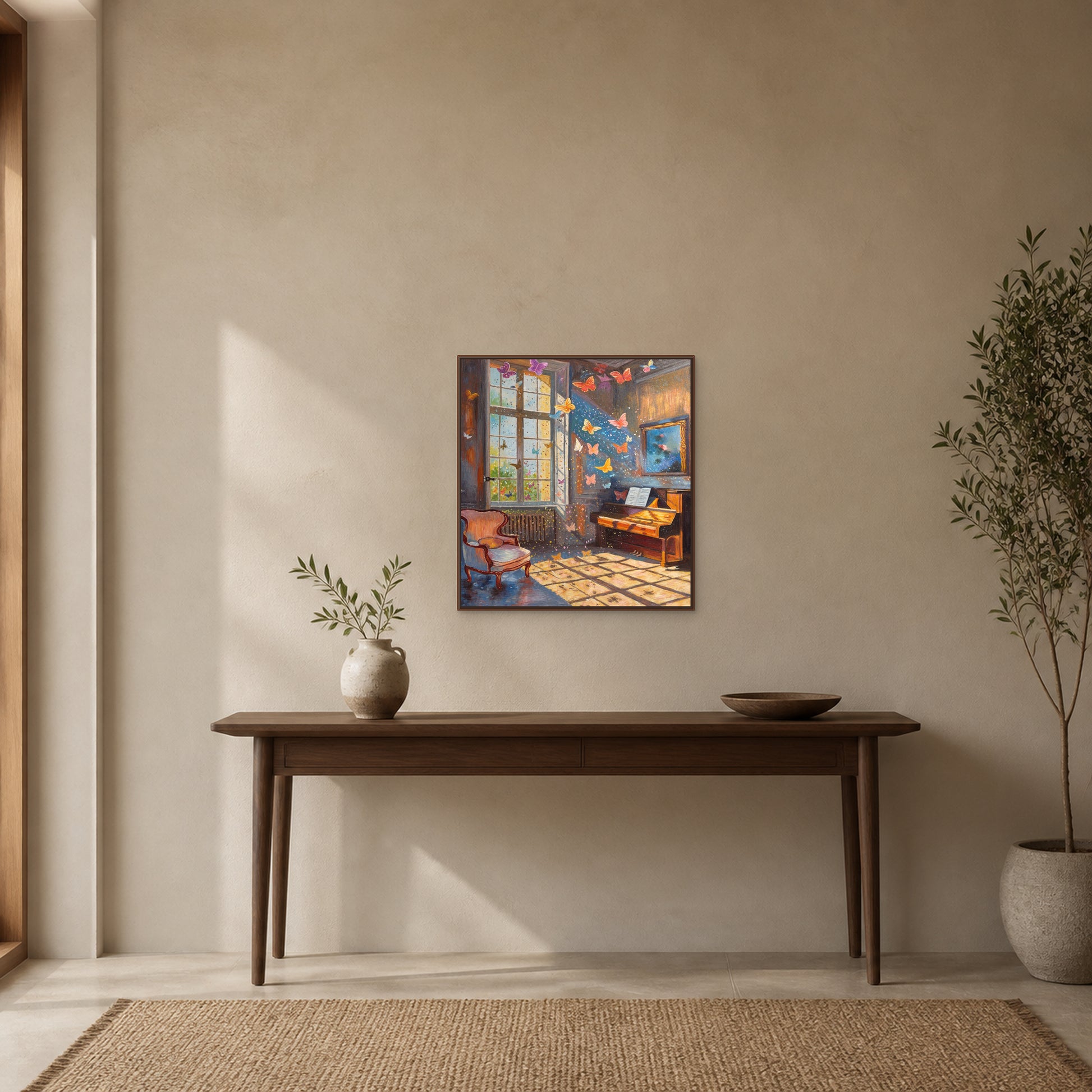 Butterflies in the Music Room in a slim walnut floating frame above a console in a warm stone entryway