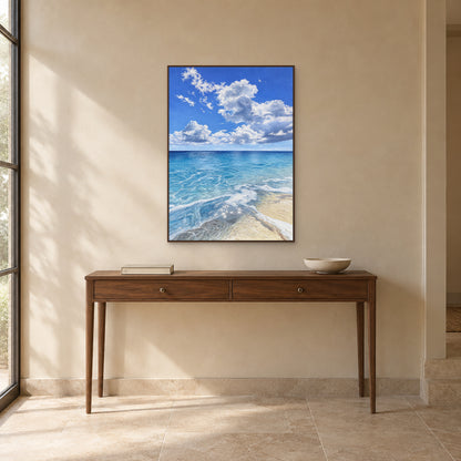 Vertical wave and cloud painting in a walnut-tone floating frame centred over a slim entryway console