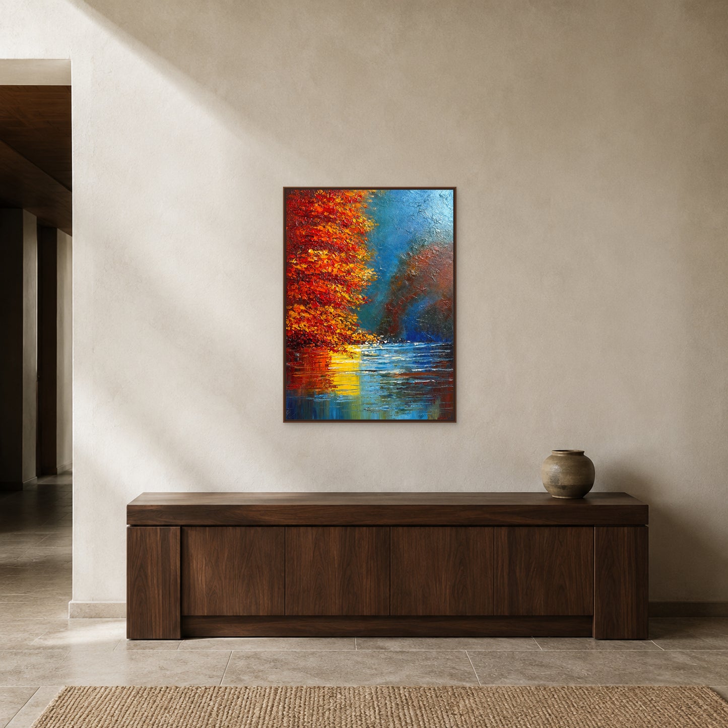 Red autumn tree painting in a slim walnut floating frame above an entryway console