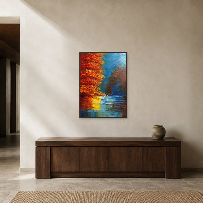 Red autumn tree painting in a slim walnut floating frame above an entryway console