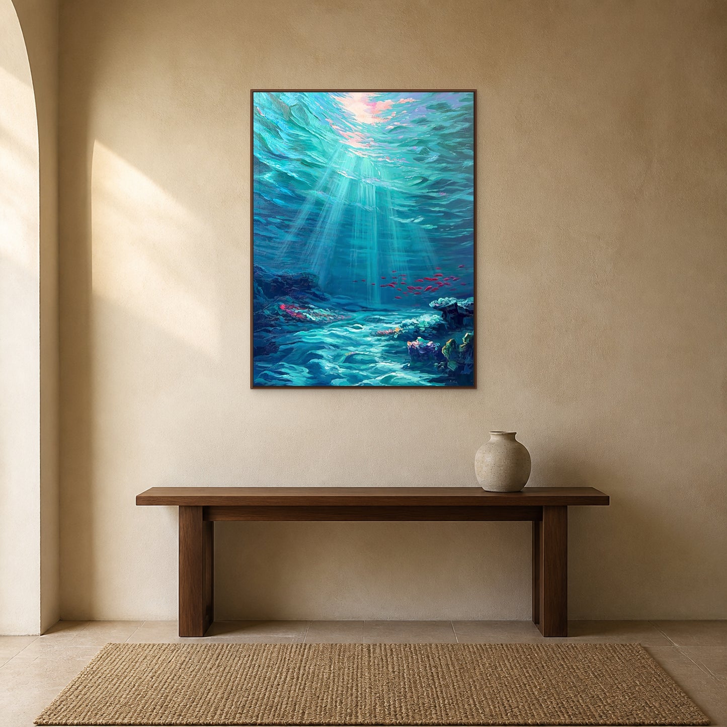 Deep Blue Reverie in a slim walnut floating frame centred above a walnut console on a warm sand wall