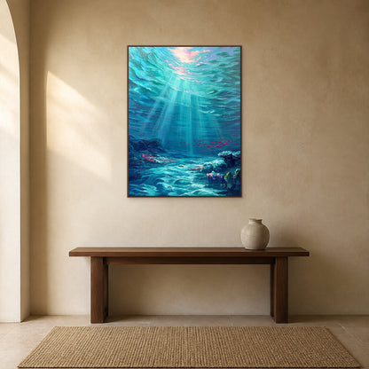 Deep Blue Reverie in a slim walnut floating frame centred above a walnut console on a warm sand wall