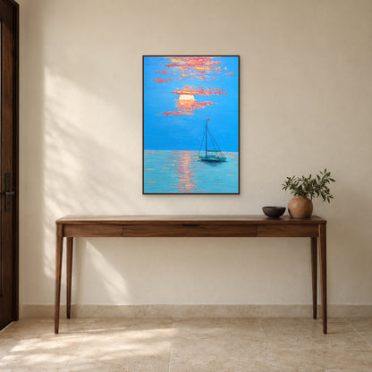 Blue and coral sunset boat painting in a walnut-tone floating frame above a slender wooden entrance console.