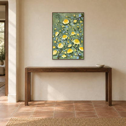 Yellow and green rose painting in a walnut-tone floating frame centred above a slim console