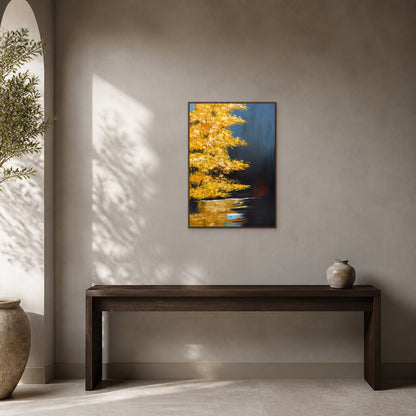 Golden Maple at Dusk in a slim walnut floating frame above a dark walnut console in a warm mineral-grey entryway