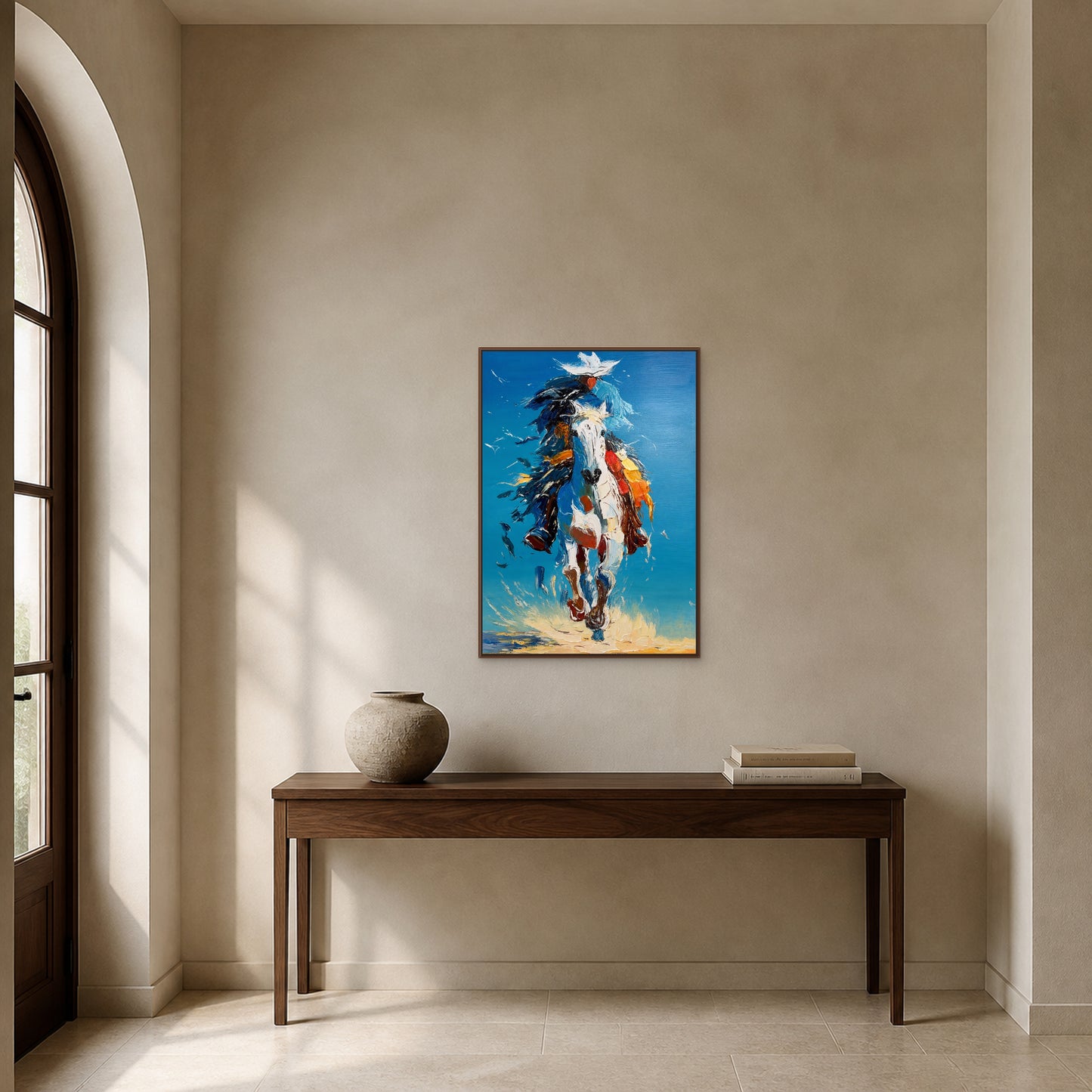 Blue Sky Gallop in a slim walnut floating frame centred above a four-leg console in a warm stone entryway