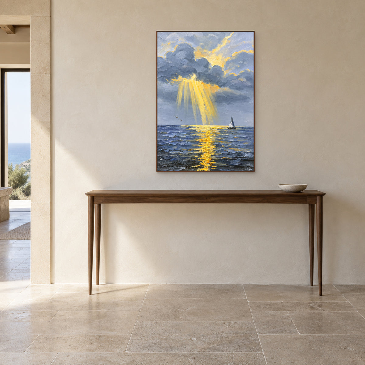 Golden rays over blue water in a walnut-look frame above a narrow console.