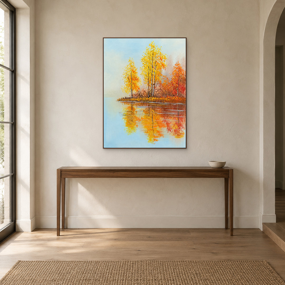 Golden Birch Reflections in a walnut-tone frame on a pale wall above a narrow wooden console