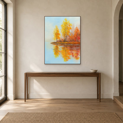 Golden Birch Reflections in a walnut-tone frame on a pale wall above a narrow wooden console