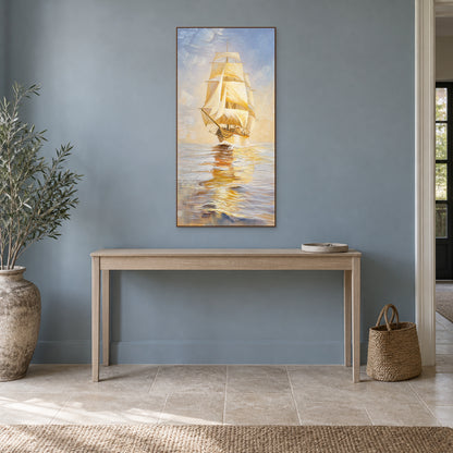 Golden Sails in a walnut-toned floating frame above a light wooden console against a dusty blue wall.