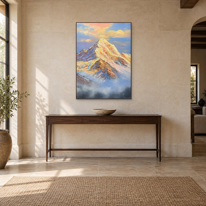Golden snowy summit in a walnut-tone frame above a dark wooden entryway console