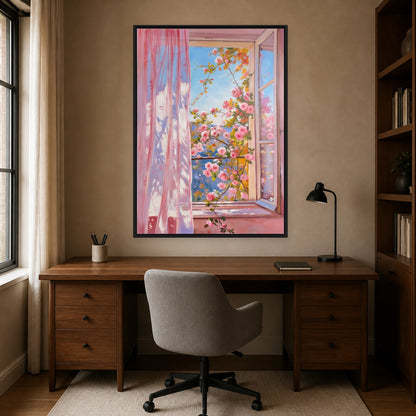 Roses at the Open Window in a slim black floating frame above a walnut home office desk