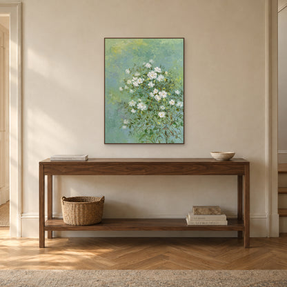 White jasmine wall art in a walnut-tone floating frame above a walnut entry console