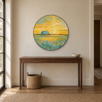 Cottage and meadow painting in a round walnut-tone frame above a slender entryway console