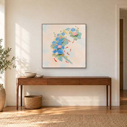Pastel lotus pond painting in a walnut-toned frame above a wooden entryway console