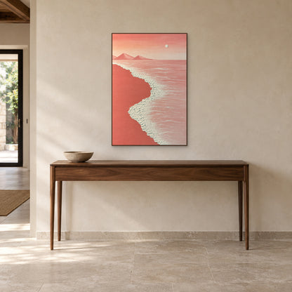 Pink Shore in a walnut-look floating frame above a narrow entryway console