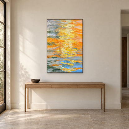 Saffron Layers in a walnut-toned frame centred above an oak entryway console with a low dark bowl