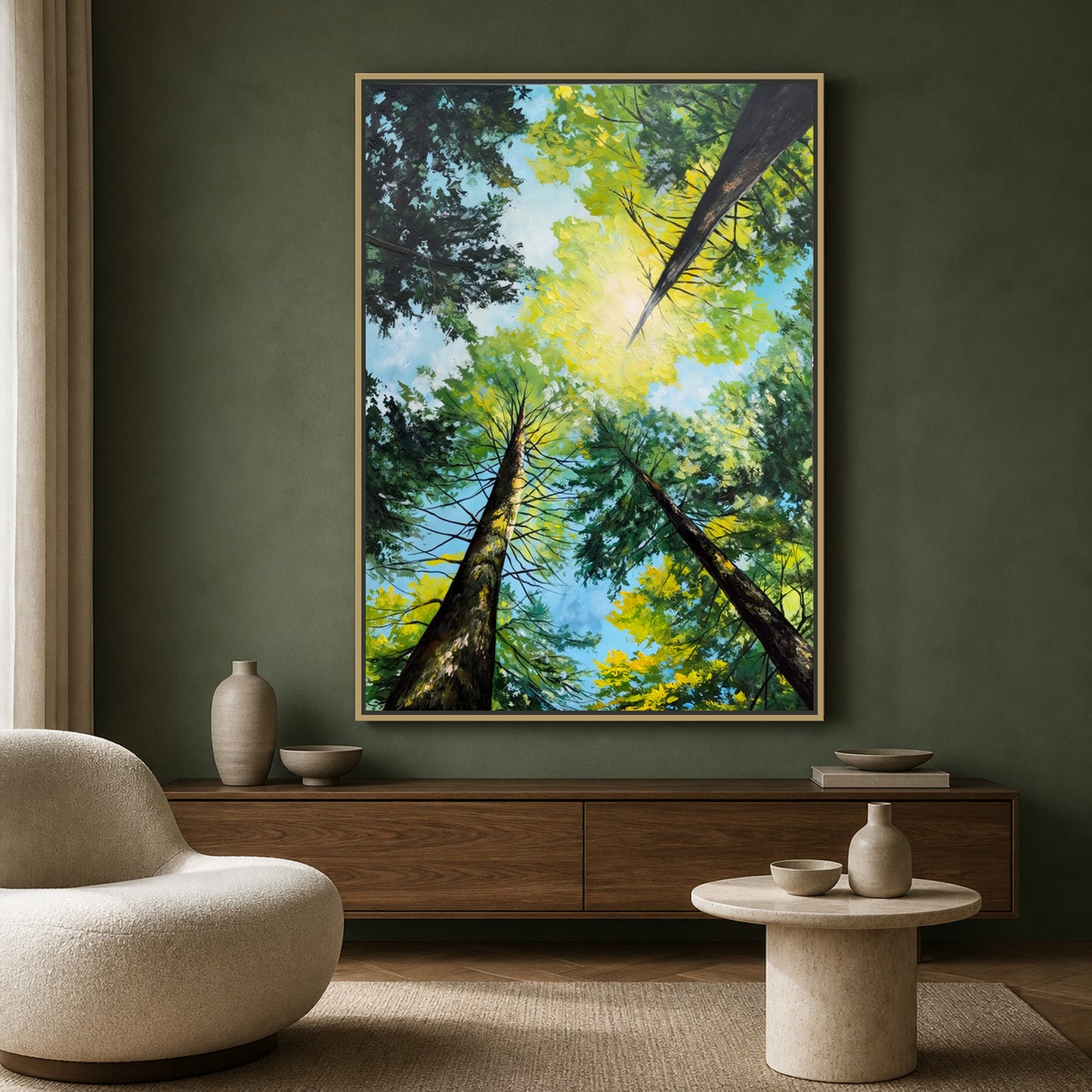 Light Through the Trees in a slim champagne floating frame on a sage green living room wall