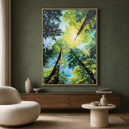 Light Through the Trees in a slim champagne floating frame on a sage green living room wall