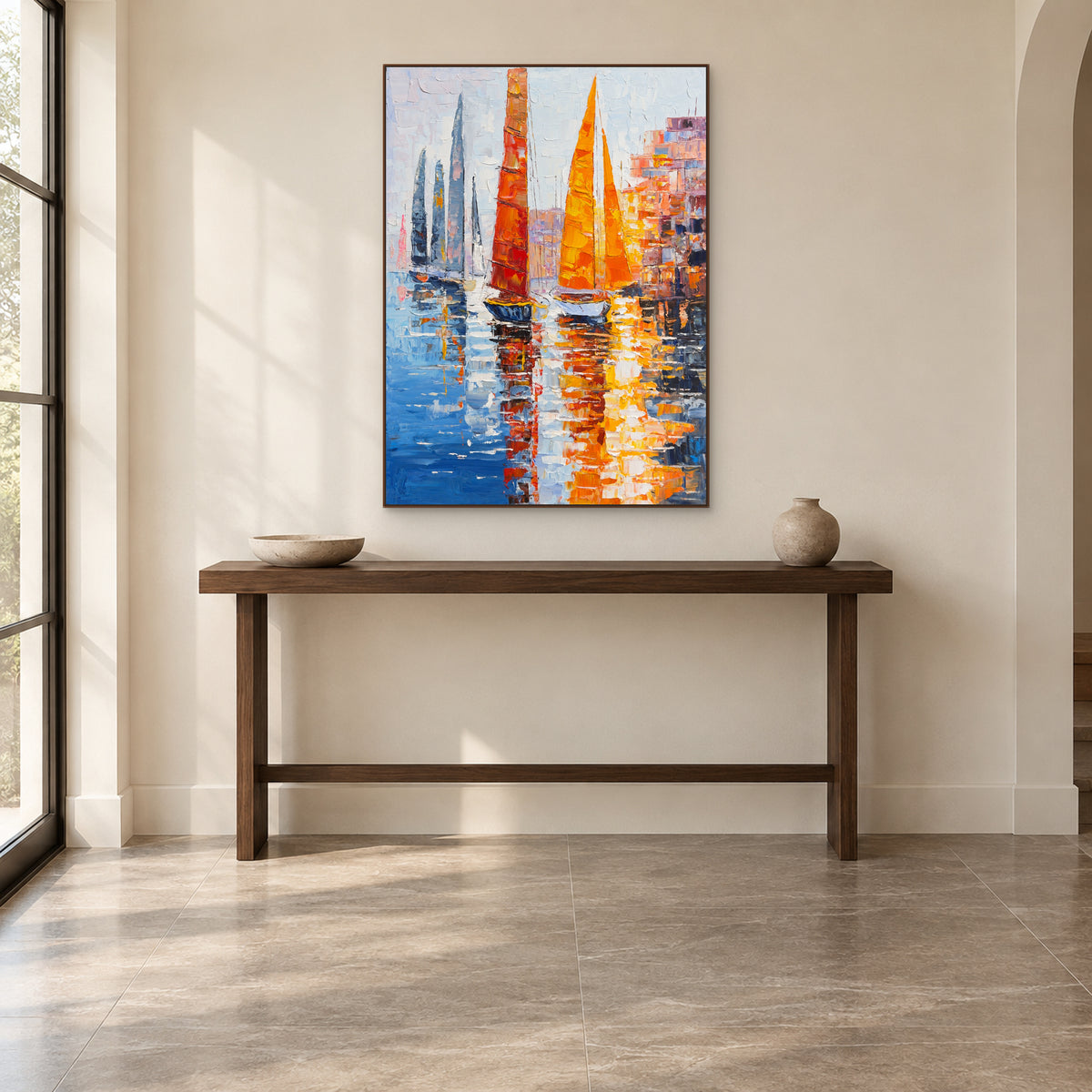 Hand-painted harbour art in a walnut-tone floating frame above an entryway console