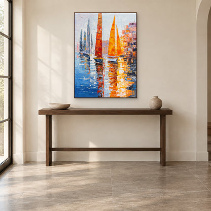 Hand-painted harbour art in a walnut-tone floating frame above an entryway console