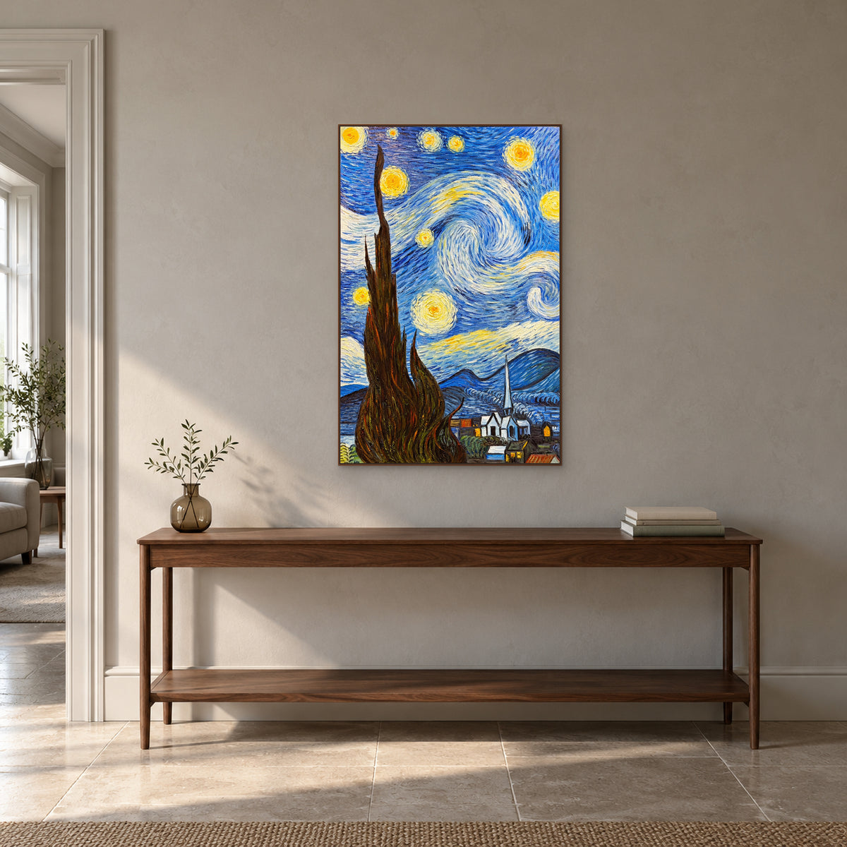 Starry night cypress painting in a walnut-tone frame centred above a slim entryway console
