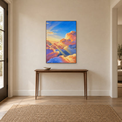 Toward the Sun in a walnut-look floating frame above a slim wooden entryway console