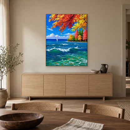 Autumn branches and turquoise sea in a champagne-tone frame above a pale oak-tone dining-room sideboard