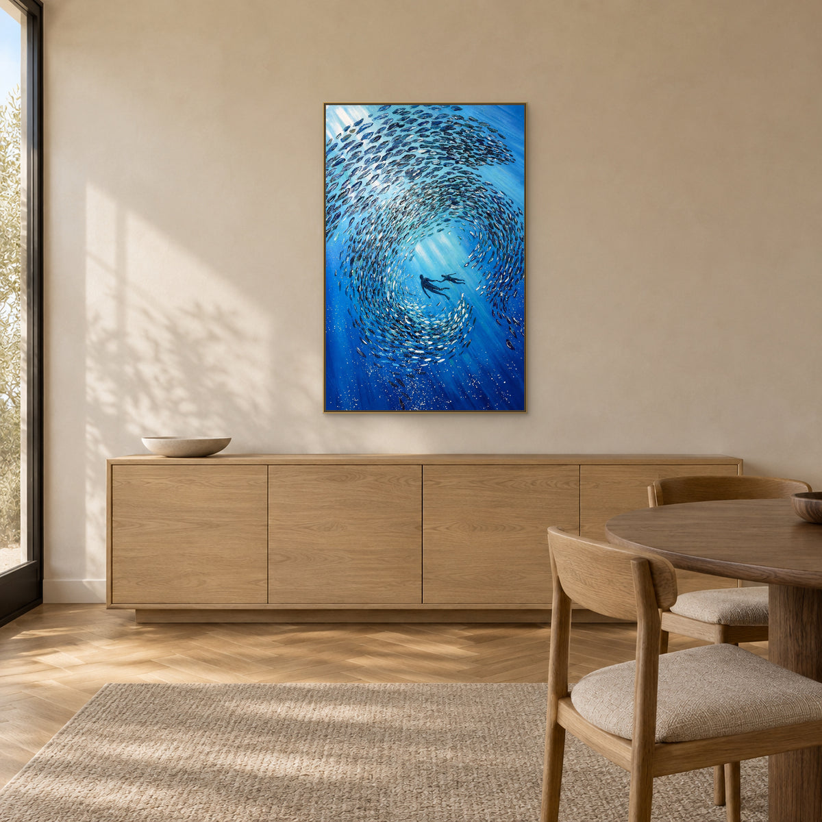 Blue underwater painting in a champagne-toned floating frame above a four-door wood sideboard beside a dining table