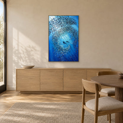 Blue underwater painting in a champagne-toned floating frame above a four-door wood sideboard beside a dining table