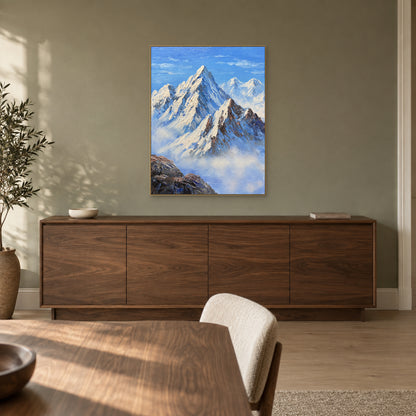 Snow mountain art in a champagne-tone frame above a walnut dining-room sideboard
