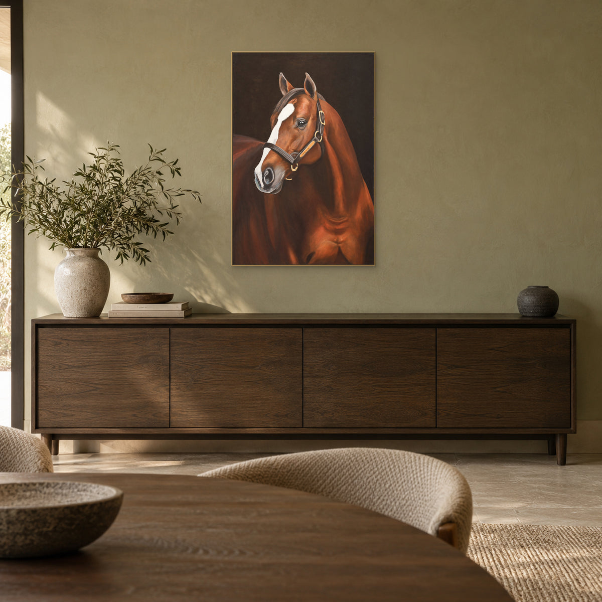 Horse portrait in a champagne-tone frame above a dark sideboard against a muted olive wall