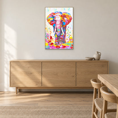 Elephant painting in a champagne-tone frame above an oak sideboard beside a dining table