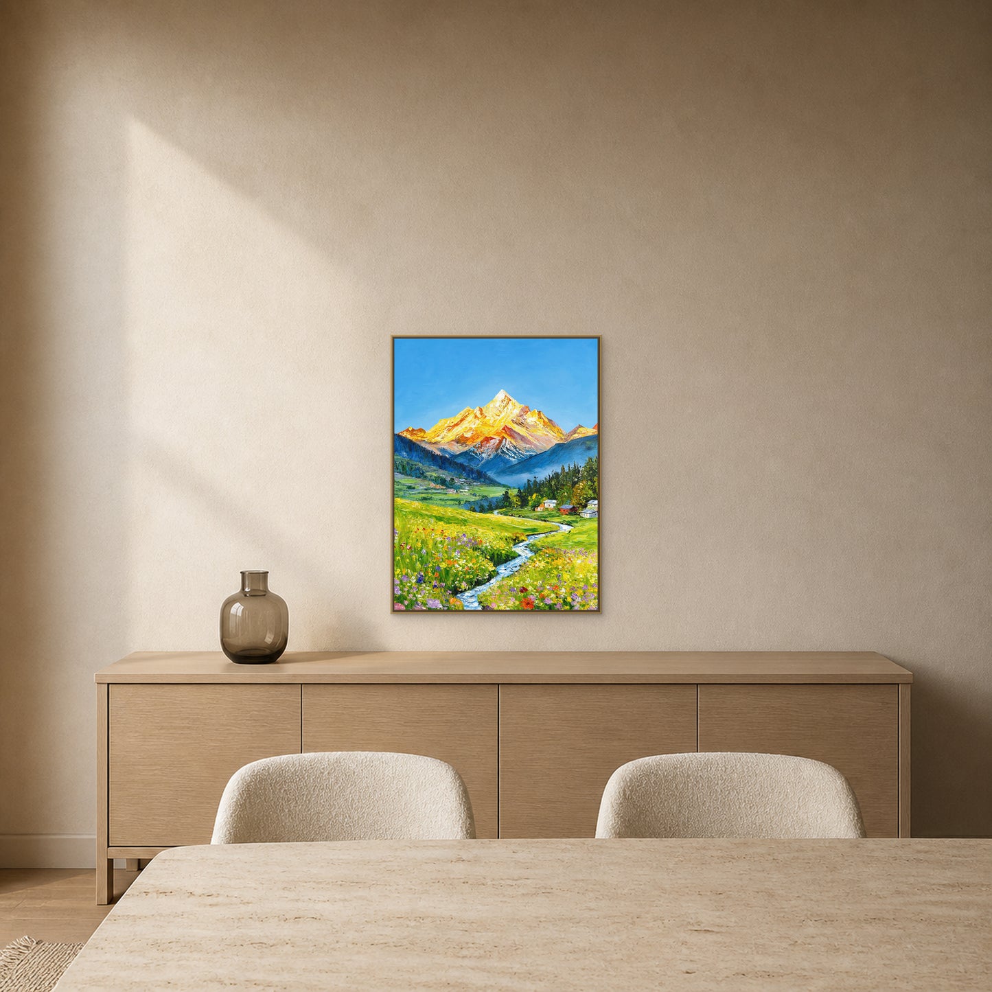 Spring Beneath the Golden Mountain in a slim champagne floating frame above a pale oak dining sideboard