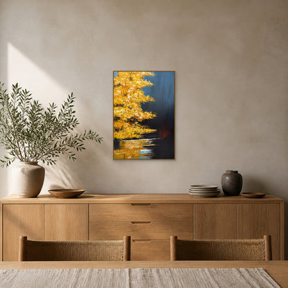Golden Maple at Dusk in a slim champagne floating frame centred above an oak sideboard in a sand-grey dining room